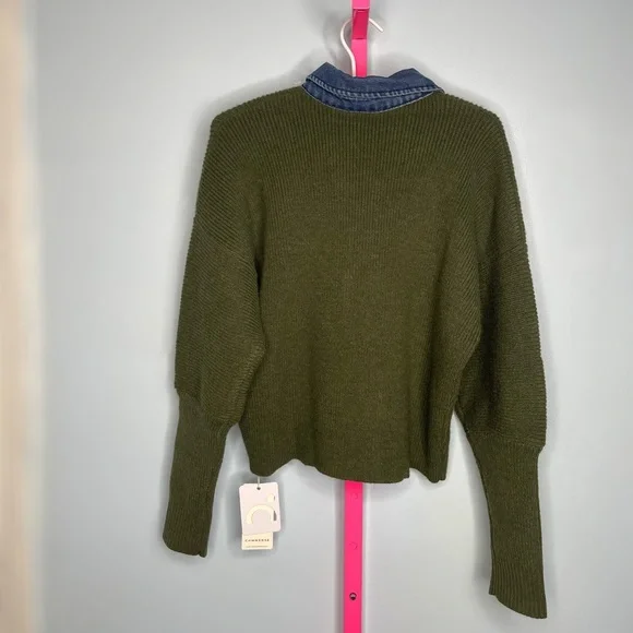 Commense Navy Green Panel Breasted Stretch Lapel Knit Top size medium - Picture 4 of 6